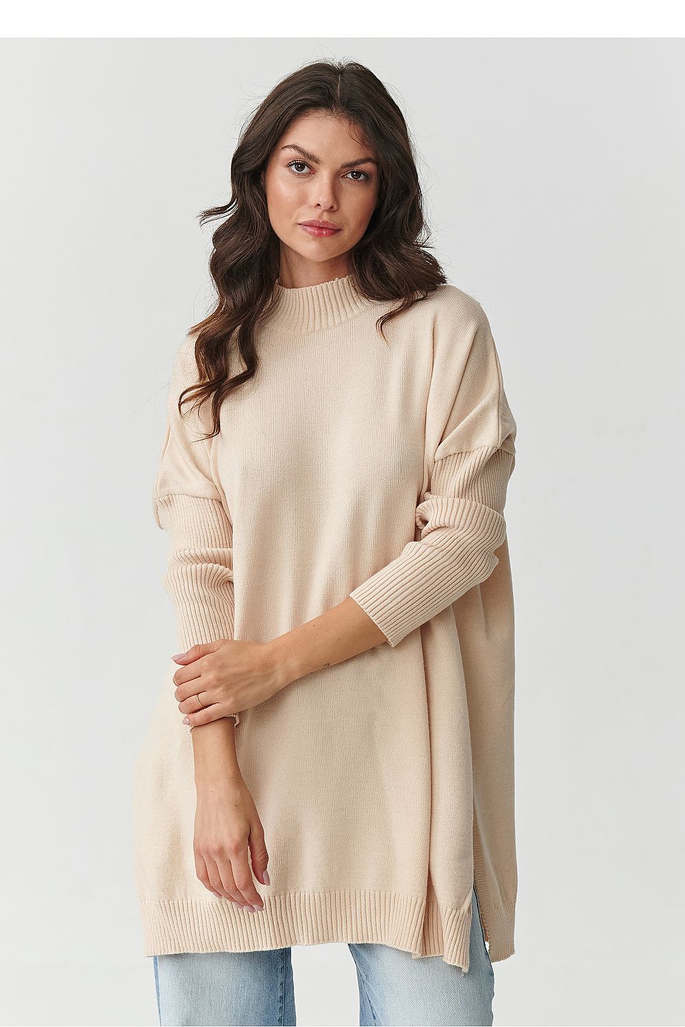 Damen Oversize Rollkragenpullover mit Seitenschlitzen | Weicher Strickpullover in Einheitsgröße mit 74 cm Länge für Alltag