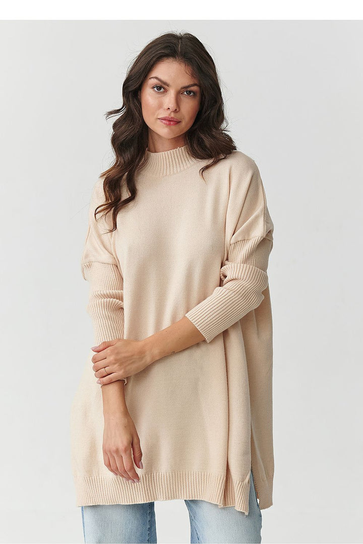 Damen Oversize Rollkragenpullover mit Seitenschlitzen | Weicher Strickpullover in Einheitsgröße mit 74 cm Länge für Alltag
