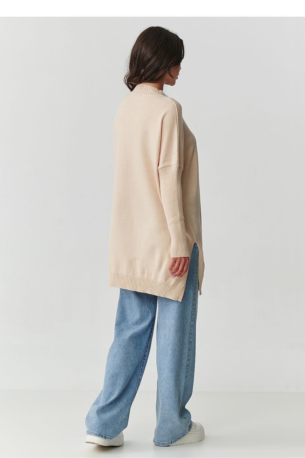 Damen Oversize Rollkragenpullover mit Seitenschlitzen | Weicher Strickpullover in Einheitsgröße mit 74 cm Länge für Alltag