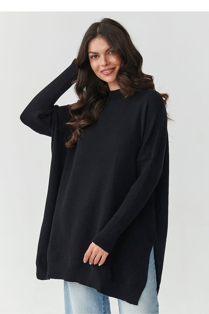 Damen Oversize Rollkragenpullover mit Seitenschlitzen | Weicher Strickpullover in Einheitsgröße mit 74 cm Länge für Alltag