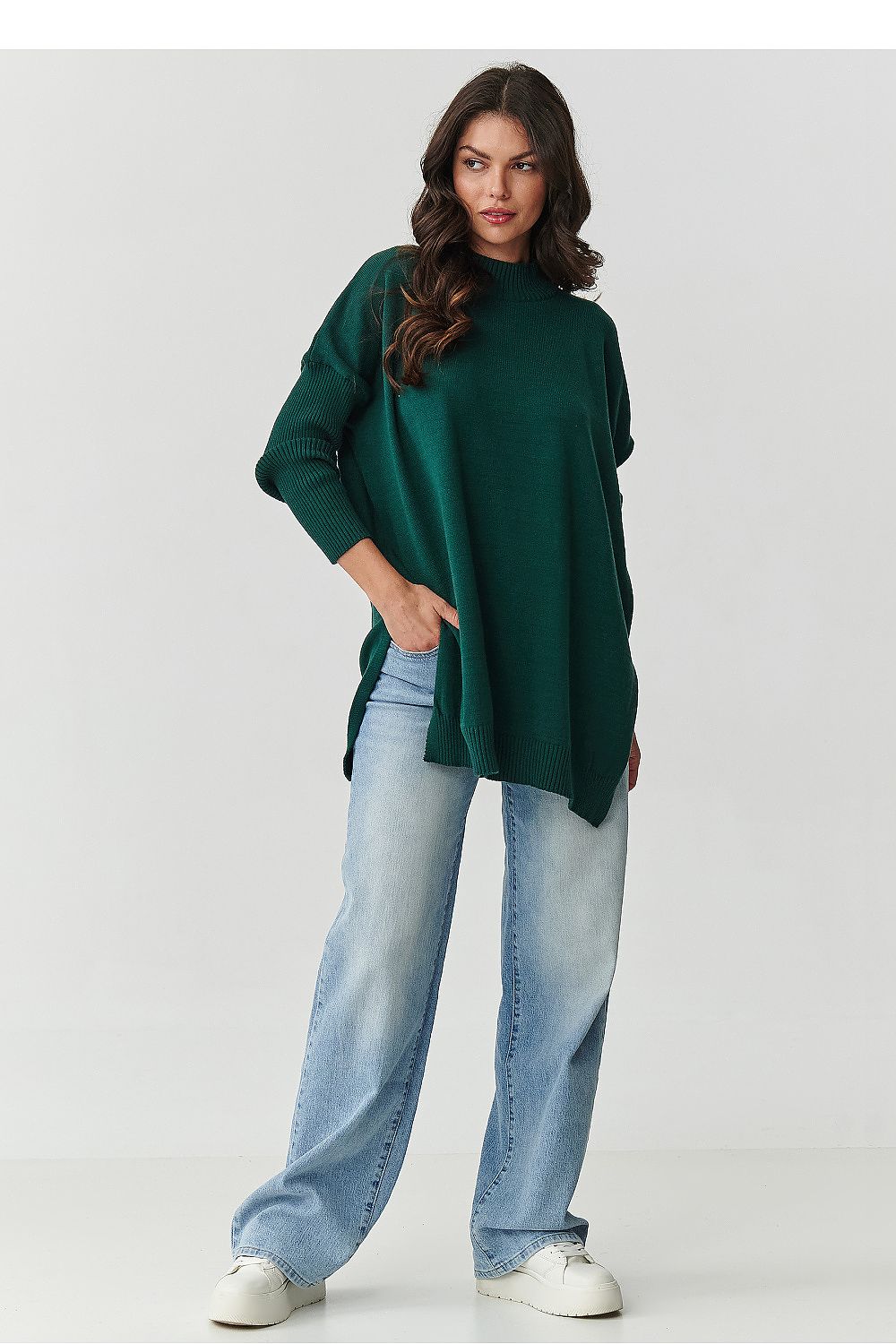 Damen Oversize Rollkragenpullover mit Seitenschlitzen | Weicher Strickpullover in Einheitsgröße mit 74 cm Länge für Alltag