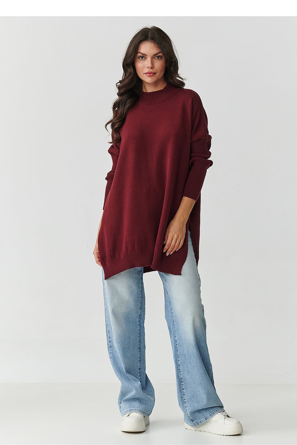 Damen Oversize Rollkragenpullover mit Seitenschlitzen | Weicher Strickpullover in Einheitsgröße mit 74 cm Länge für Alltag