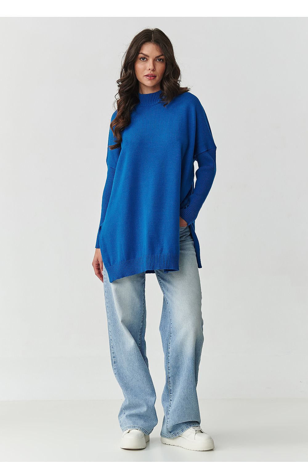 Damen Oversize Rollkragenpullover mit Seitenschlitzen | Weicher Strickpullover in Einheitsgröße mit 74 cm Länge für Alltag