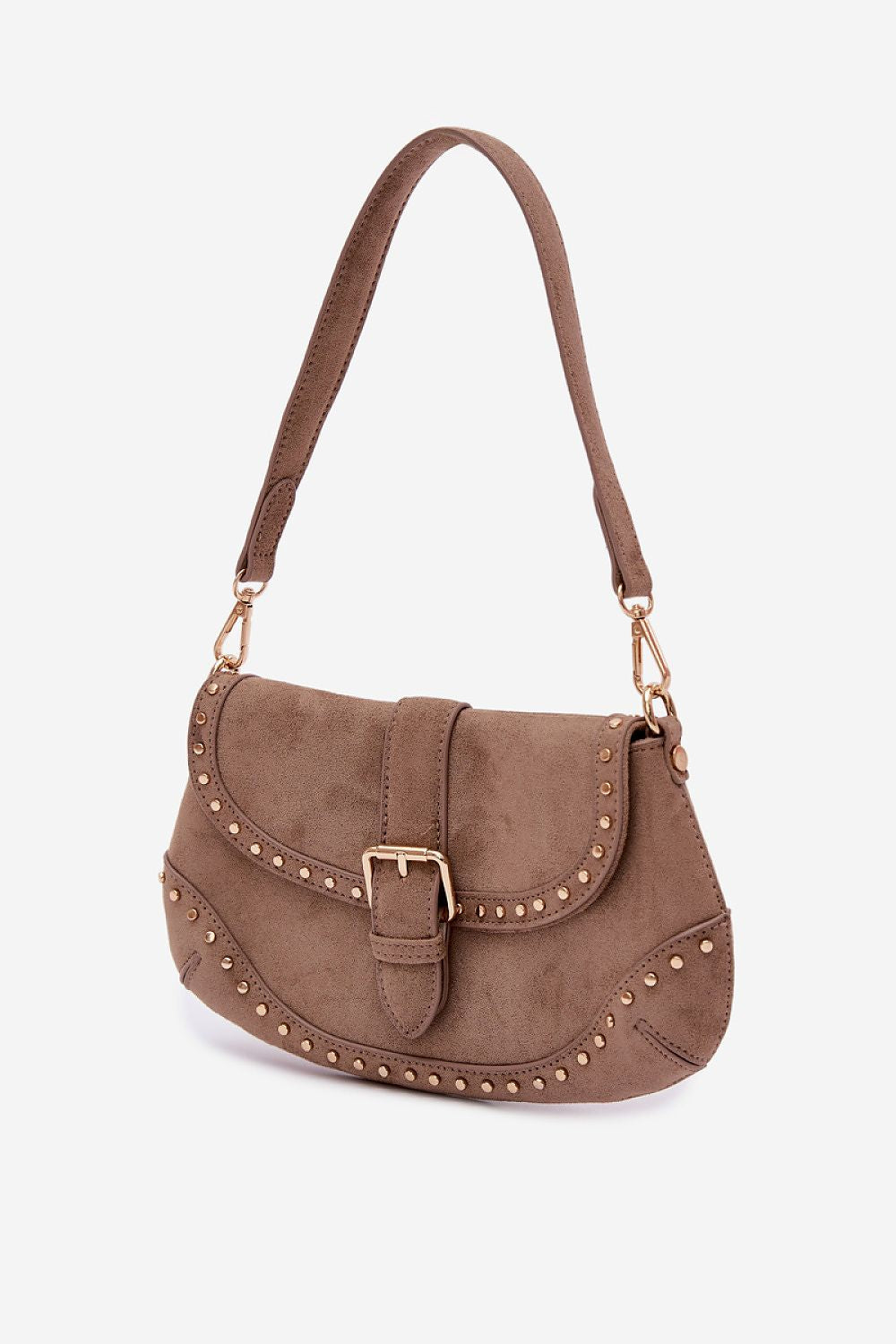 Damen Handtasche aus Velourslederimitat | Kleine Umhängetasche mit Magnetverschluss, goldfarbenen Nieten und zwei abnehmbaren Trageriemen
