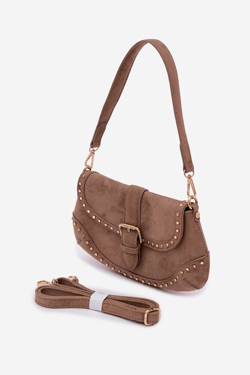 Damen Handtasche aus Velourslederimitat | Kleine Umhängetasche mit Magnetverschluss, goldfarbenen Nieten und zwei abnehmbaren Trageriemen