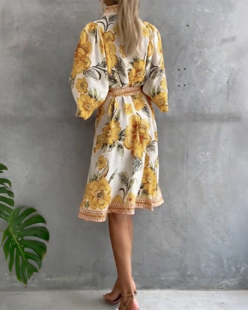 Damen A-Linien Kleid mit Print | Knielanges Kleid mit Reverskragen &amp; Laternenärmeln | Elegant für Frühling &amp; Sommer