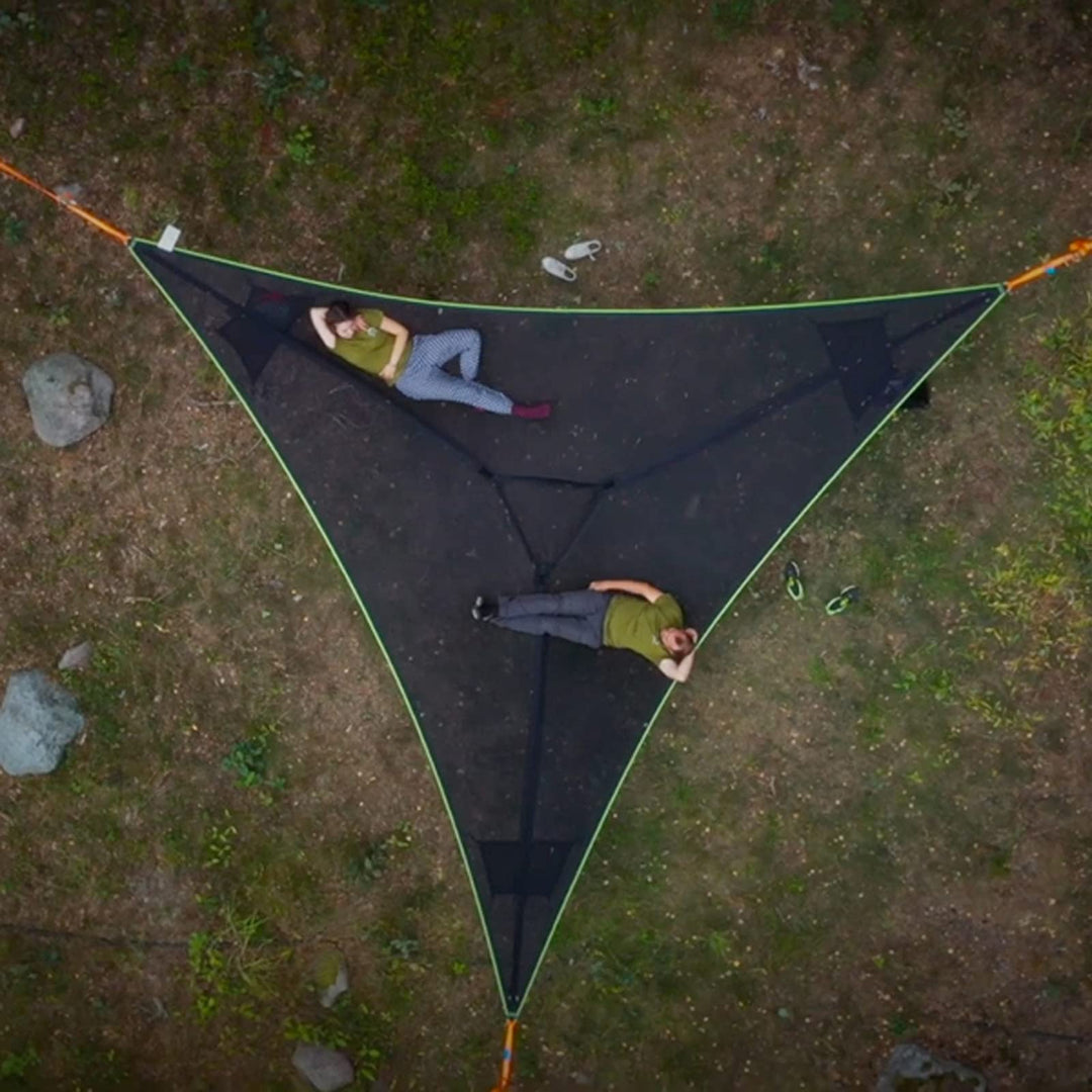 3-Punkt Camping Hängematte Dreieck | Bis 500 kg Tragkraft | Schwebend ohne ebenen Boden, Stauraumfächer für Outdoor &amp; Garten