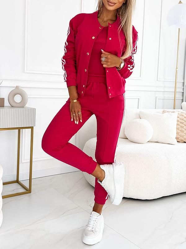 Damen 3-teiliges Set mit Baseballjacke, Racerback Top &amp; Jogginghose | Wärmend &amp; atmungsaktiv | Seitenstreifen Look | S–5XL