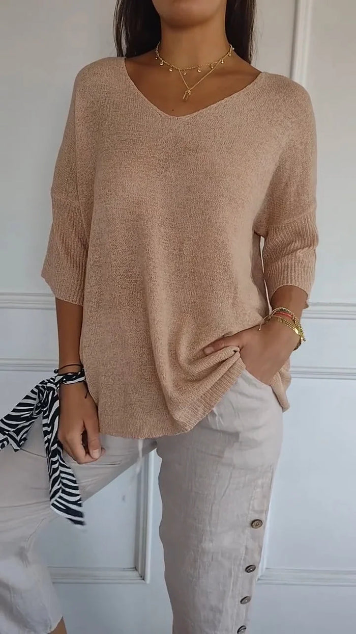 Top en maille à col en V pour femmes | Manches 3/4