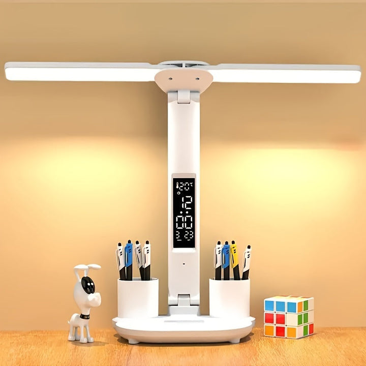 LED Schreibtischlampe dimmbar mit 2 verstellbaren Köpfen | Tischleuchte mit Touch-Bedienung, Digitalanzeige und USB-Anschluss