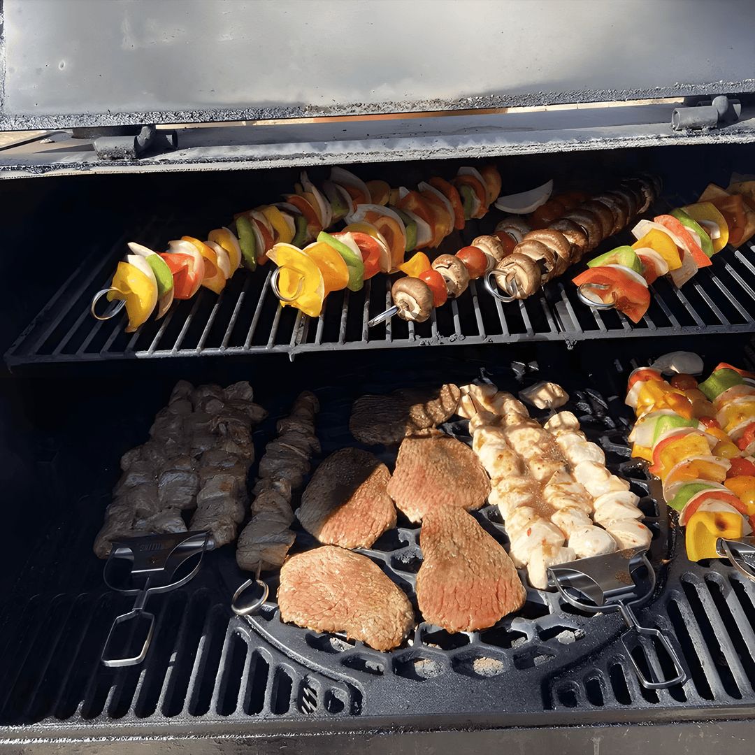 3-in-1 Grillspieße aus Edelstahl | gleichmäßiges Garen ohne Drehen | Food-Release System | inkl. Tasche &amp; Silikonpinsel
