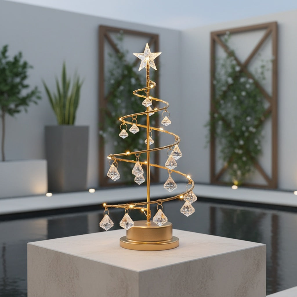 Beleuchteter Weihnachtsbaum mit Kristallanhängern | Warmweißer Deko-Baum aus Metall in Spiralform für Tisch und Regal