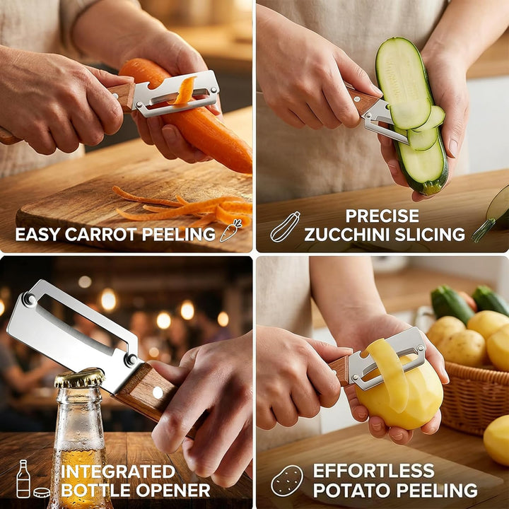 Obst- und Gemüseschäler | 2-in-1 Edelstahlschäler mit breiter Klinge, ergonomischem Holzgriff und Flaschenöffner