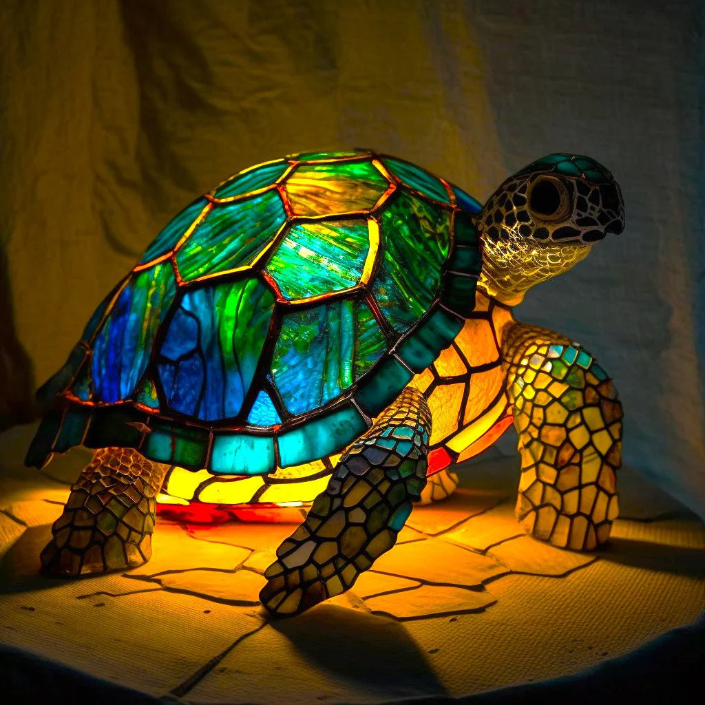 Tischlampe aus Buntglas mit Tiermotiv | Handgefertigt aus Glas &amp; Metall | Farbwechsel-LED, kompakt 20 × 15 × 12 cm