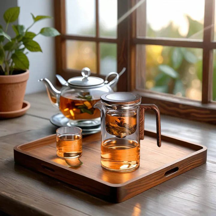Teapot with filter | Borosilicate glass &amp; wooden handle | Heat resistant