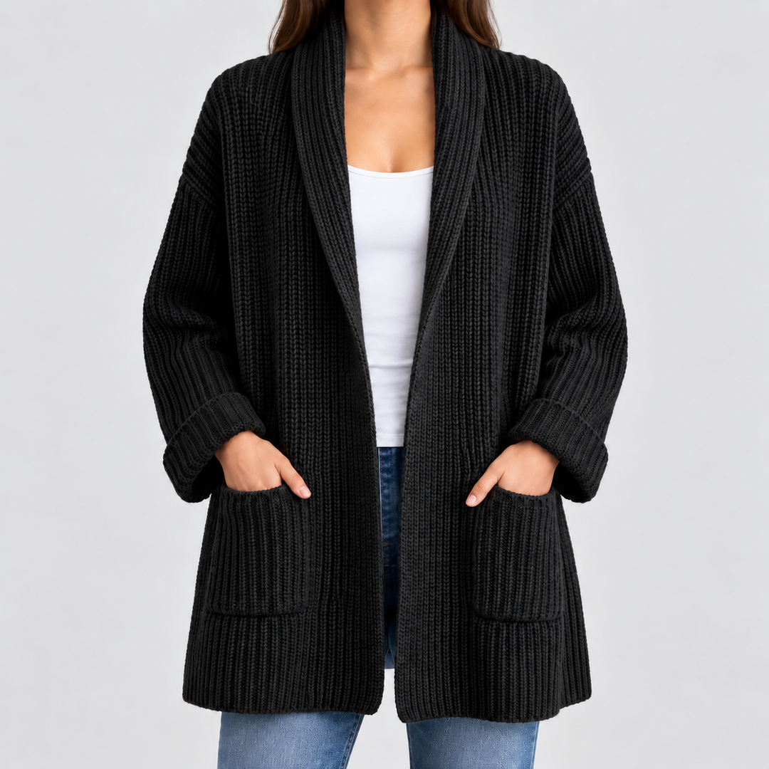 Damen Strickjacke lang aus Baumwolle | Oversize Cardigan mit V-Ausschnitt, Taschen und geripptem Saum für Herbst und Winter