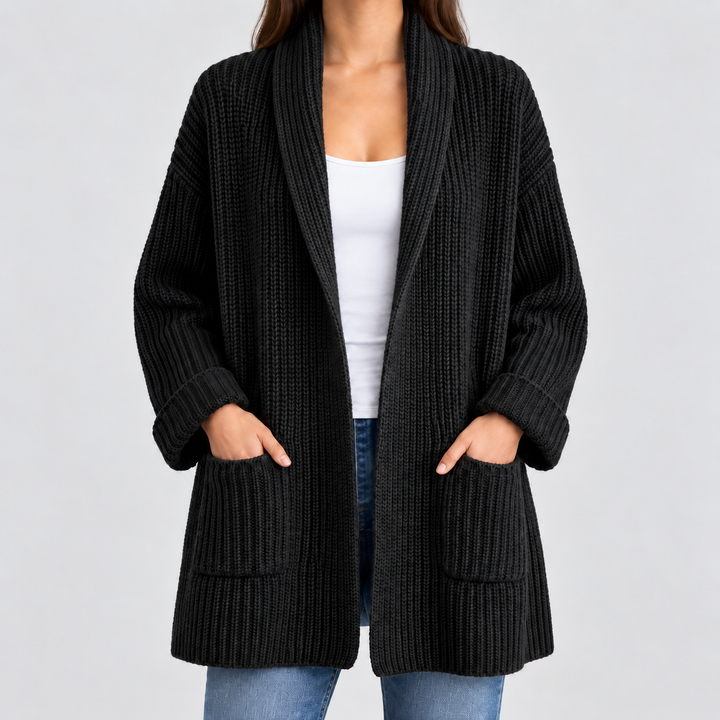 Damen Strickjacke lang aus Baumwolle | Oversize Cardigan mit V-Ausschnitt, Taschen und geripptem Saum für Herbst und Winter