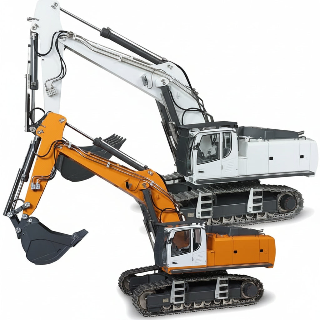 RC Hydraulik-Bagger 1:20 | CNC-Aluminium &amp; servogesteuerte Ventile | 2,4 GHz, 18 Kanäle &amp; 1200 mAh Akku | Mit Schnellwechsler