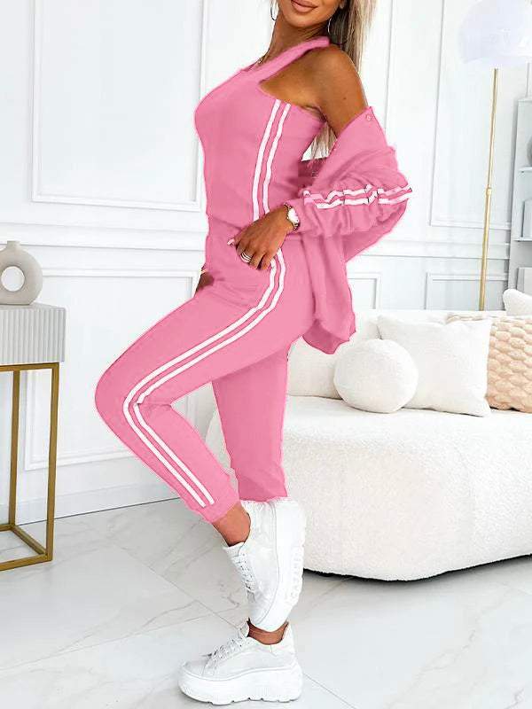 Damen 3-teiliges Set mit Baseballjacke, Racerback Top &amp; Jogginghose | Wärmend &amp; atmungsaktiv | Seitenstreifen Look | S–5XL