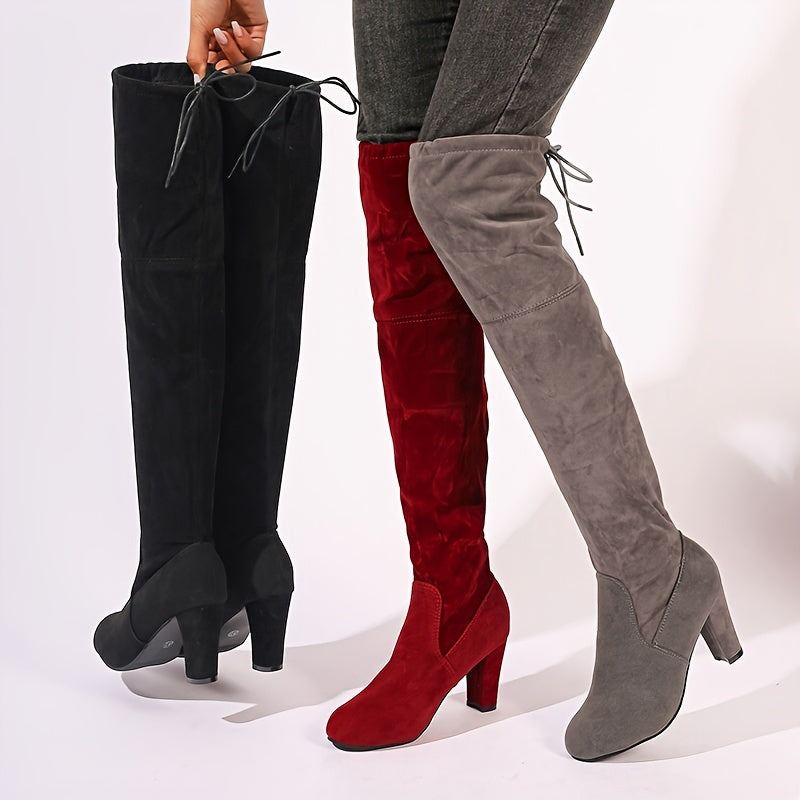 Damen Overknee Stiefel mit Blockabsatz und Rückenschnürung | Hohe Stiefel über dem Knie mit runder Spitze für Alltag und Freizeit