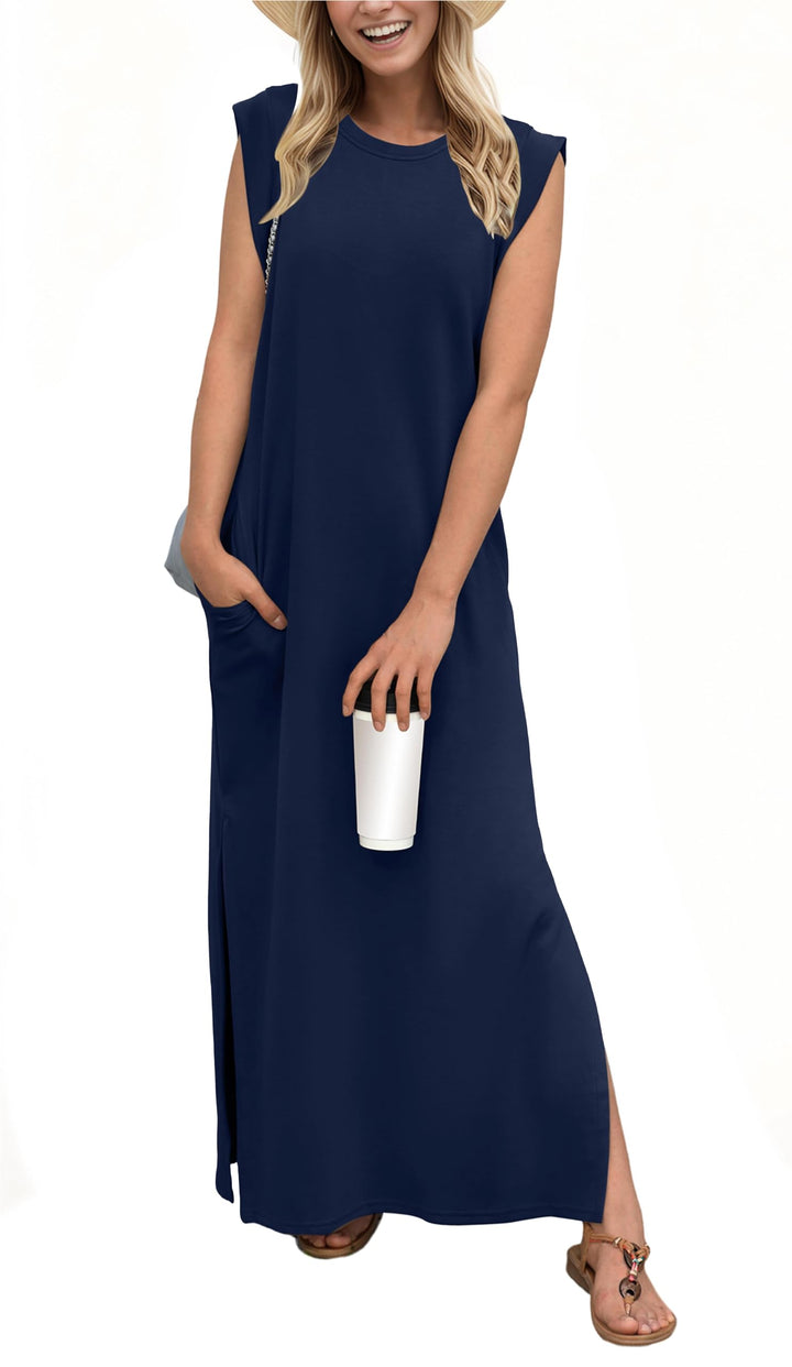 Damen Maxikleid mit Seitenschlitz | Ärmelloses Sommerkleid mit Taschen | Lockeres Freizeitkleid