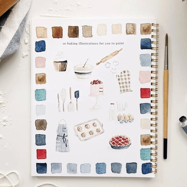 Cahier de travail aquarelle pour débutants | 12 motifs avec guide étape par étape | Papier 120 lb, 6,5"×9", mélange et peinture