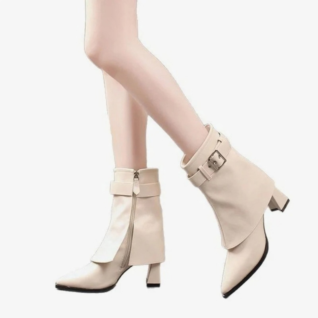 Stiefeletten Damen | Spitze Ankle Boots mit Schnallenriemen und Absatz für Alltag und Freizeit