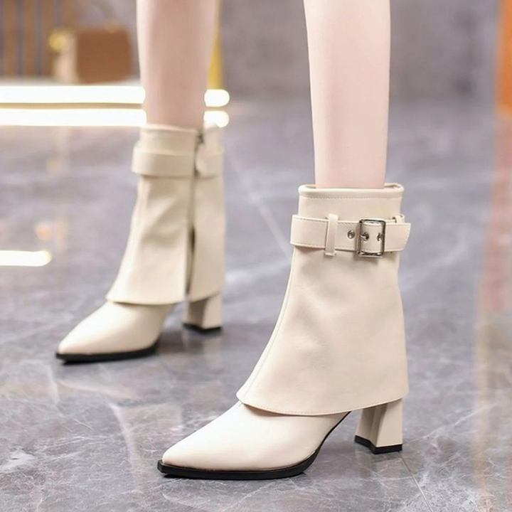 Stiefeletten Damen | Spitze Ankle Boots mit Schnallenriemen und Absatz für Alltag und Freizeit