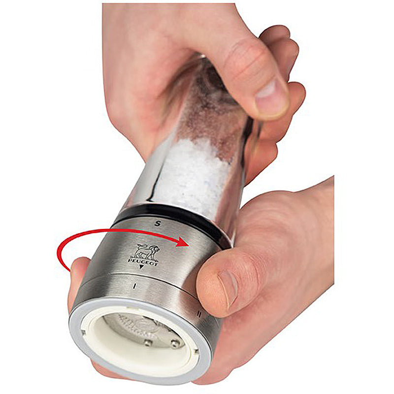 Manuelle Salzmühle aus Acryl und Edelstahl 16 cm | Transparente Gewürzmühle mit 6 Mahlgradstufen und Zirlion-Präzisionsmahlwerk