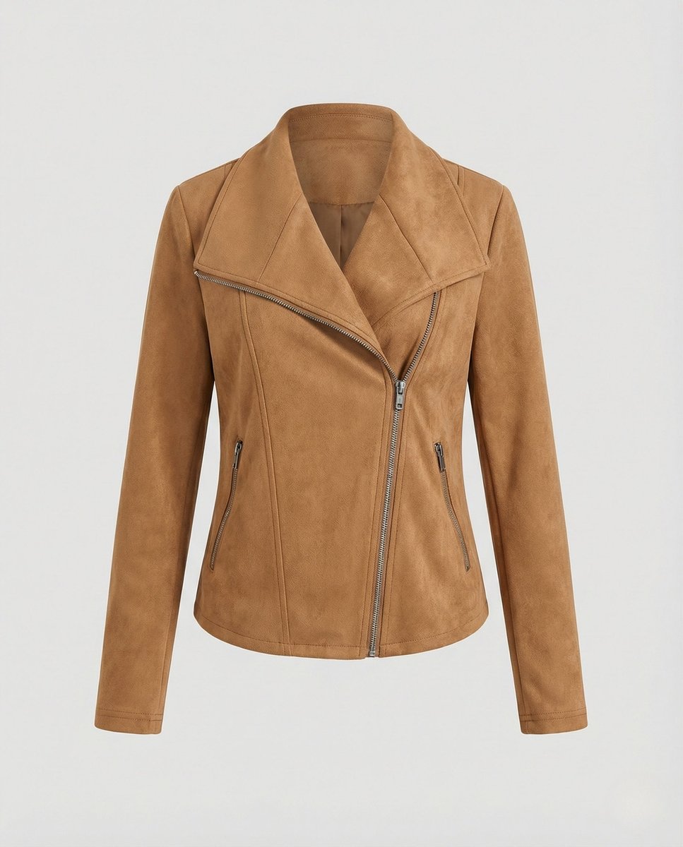 Damen Bikerjacke aus Kunstwildleder | Taillierte Jacke in Wildleder-Optik mit asymmetrischem Reißverschluss und Reverskragen