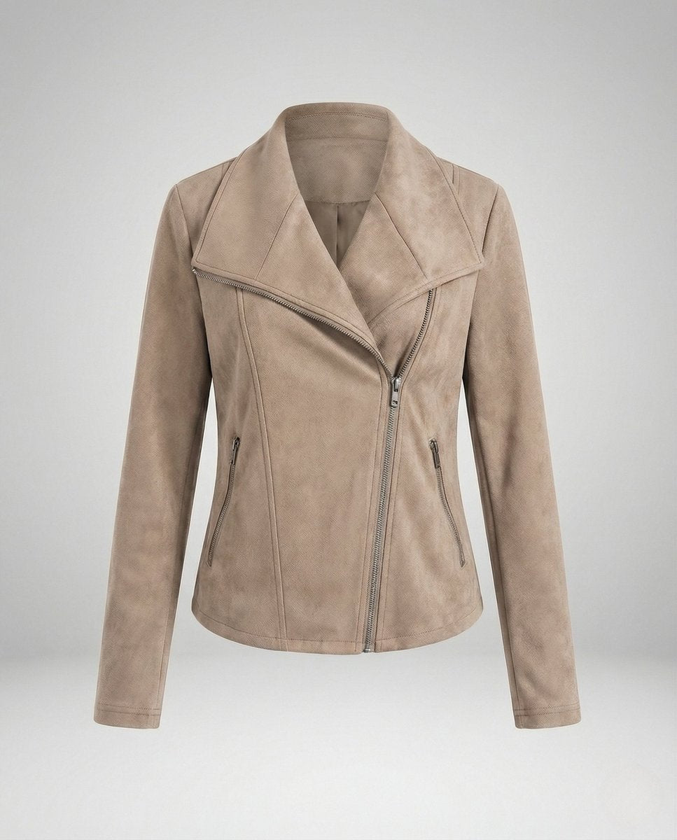 Damen Bikerjacke aus Kunstwildleder | Taillierte Jacke in Wildleder-Optik mit asymmetrischem Reißverschluss und Reverskragen