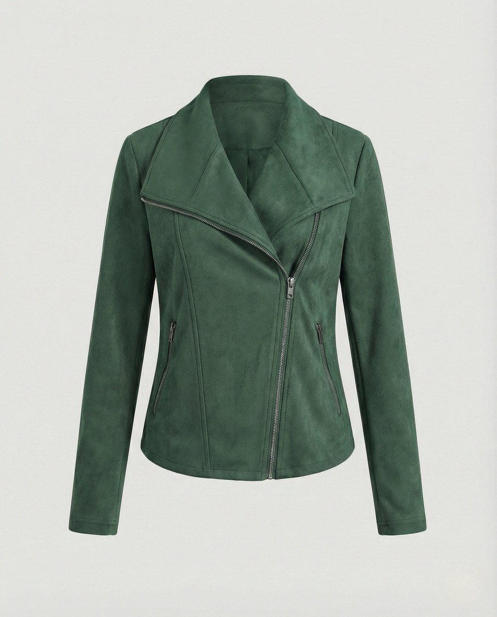 Damen Bikerjacke aus Kunstwildleder | Taillierte Jacke in Wildleder-Optik mit asymmetrischem Reißverschluss und Reverskragen