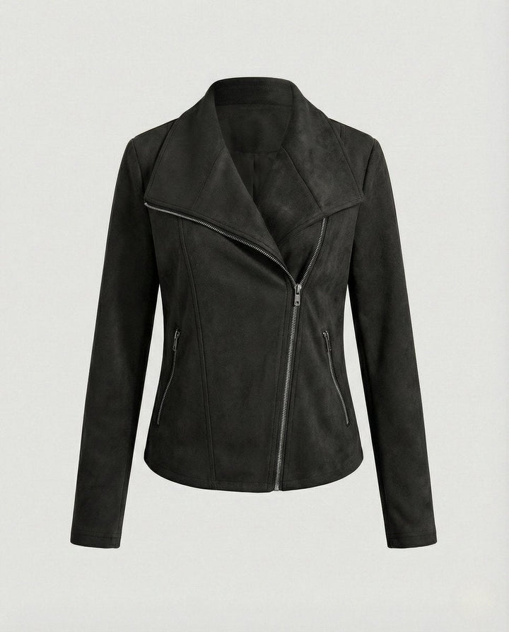 Damen Bikerjacke aus Kunstwildleder | Taillierte Jacke in Wildleder-Optik mit asymmetrischem Reißverschluss und Reverskragen