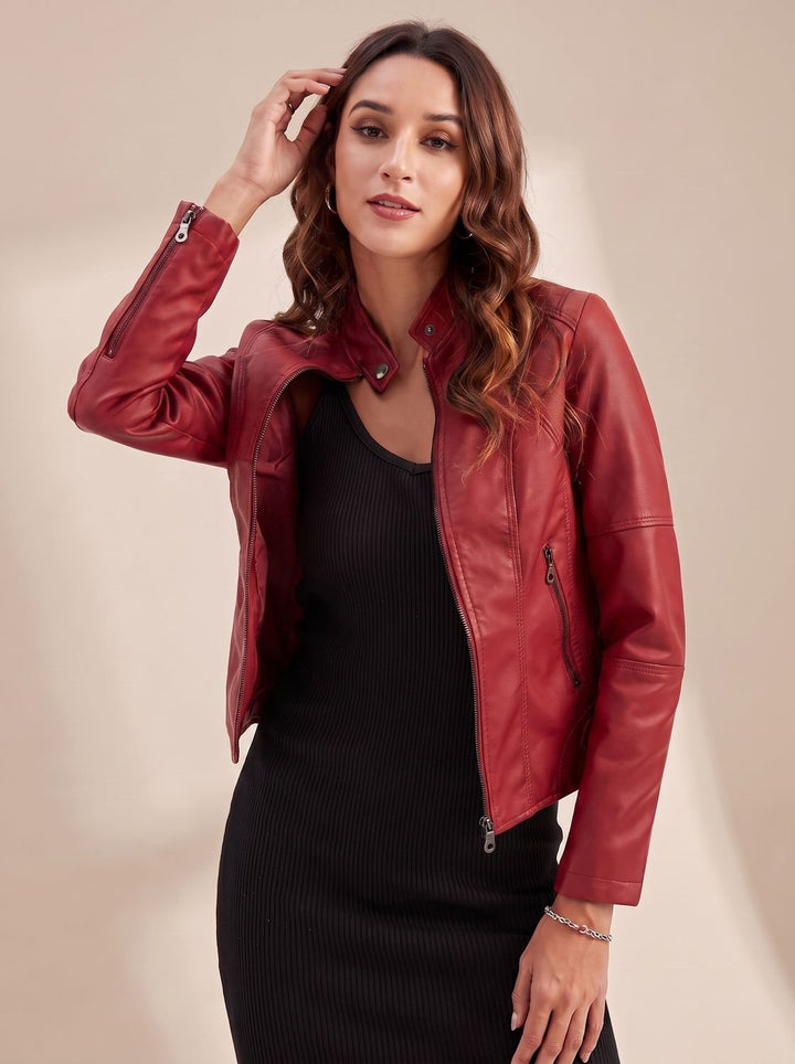 Damen Bikerjacke aus Kunstleder | Taillierte Übergangsjacke mit Stehkragen, Reißverschluss und Reißverschlusstaschen