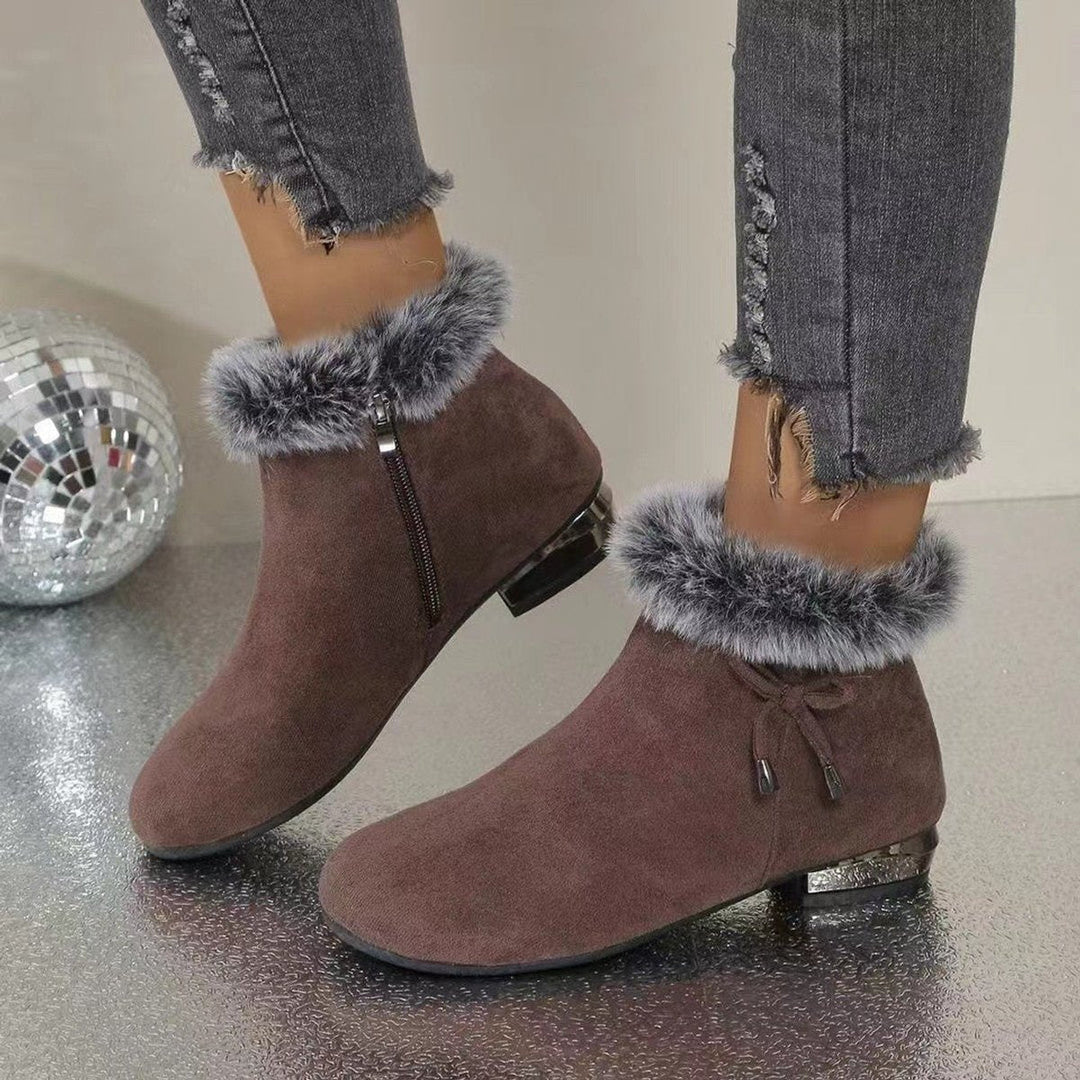 Damen gefütterte Wildleder-Stiefeletten | Warme Ankle Boots mit Kunstfellbesatz, rutschfester Gummisohle und niedrigem Blockabsatz