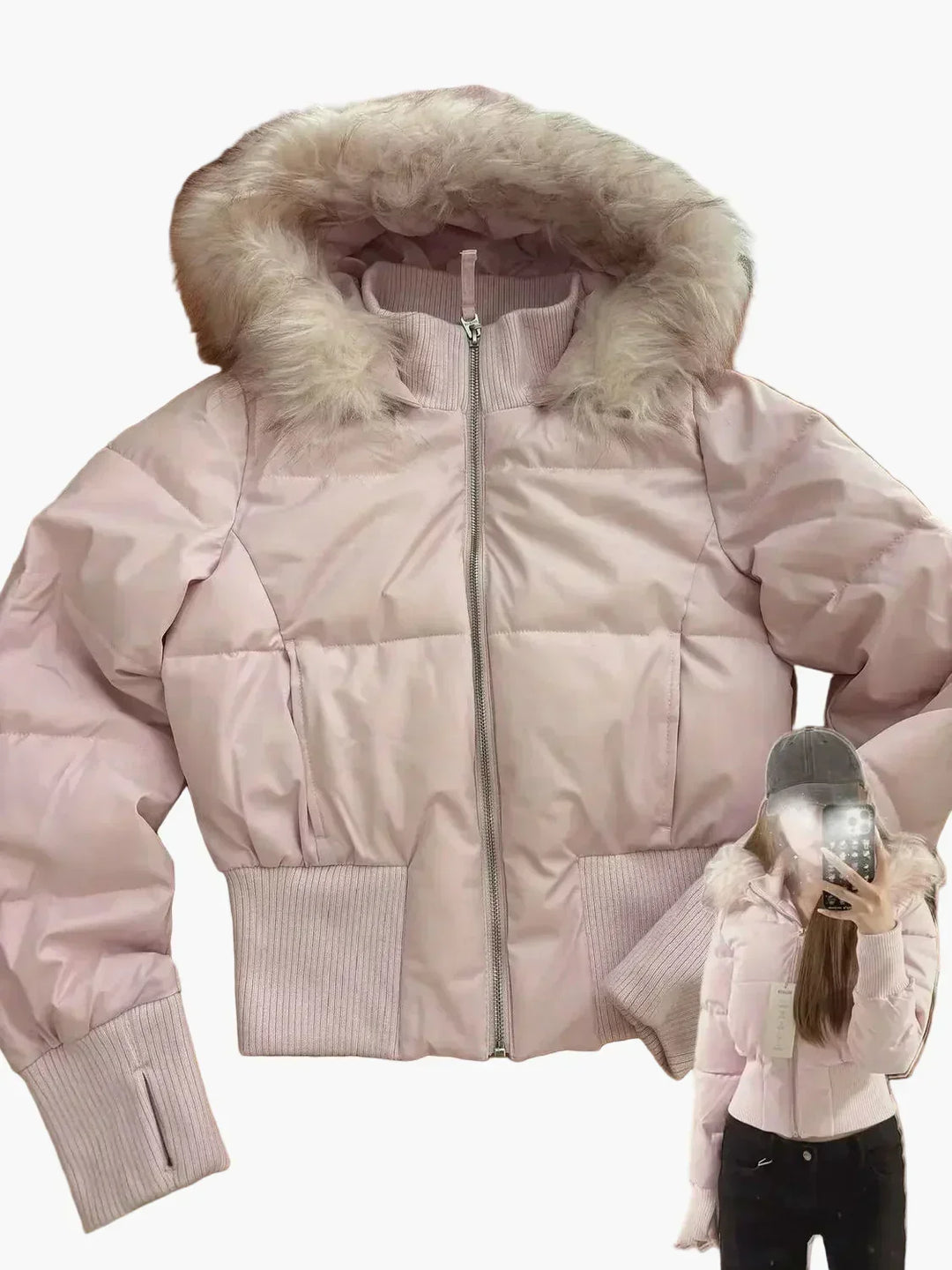 Damen kurze Steppjacke mit Kapuze | Voluminöse Steppjacke mit Reißverschluss und Rippbündchen für Alltag und kühle Tage