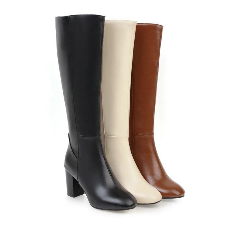 Damen Stiefel hoch mit Blockabsatz | Elegante Langschaftstiefel mit seitlichem Reißverschluss für Büro, Alltag und Abendlooks