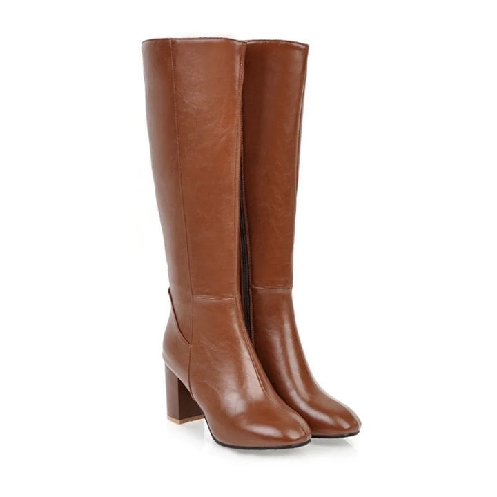 Damen Stiefel hoch mit Blockabsatz | Elegante Langschaftstiefel mit seitlichem Reißverschluss für Büro, Alltag und Abendlooks