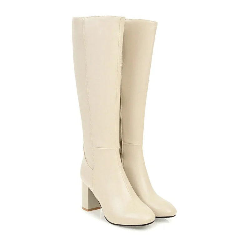Damen Stiefel hoch mit Blockabsatz | Elegante Langschaftstiefel mit seitlichem Reißverschluss für Büro, Alltag und Abendlooks