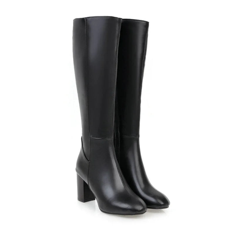 Damen Stiefel hoch mit Blockabsatz | Elegante Langschaftstiefel mit seitlichem Reißverschluss für Büro, Alltag und Abendlooks