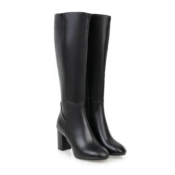 Damen Stiefel hoch mit Blockabsatz | Elegante Langschaftstiefel mit seitlichem Reißverschluss für Büro, Alltag und Abendlooks