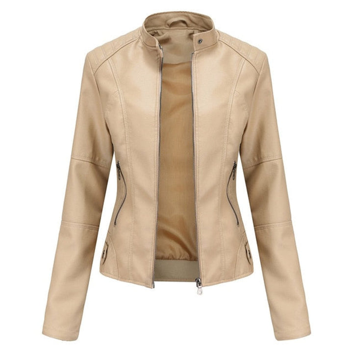 Damen Bikerjacke aus Kunstleder | Kurze taillierte Jacke mit Stehkragen, Frontreißverschluss und dekorativen Reißverschlüssen