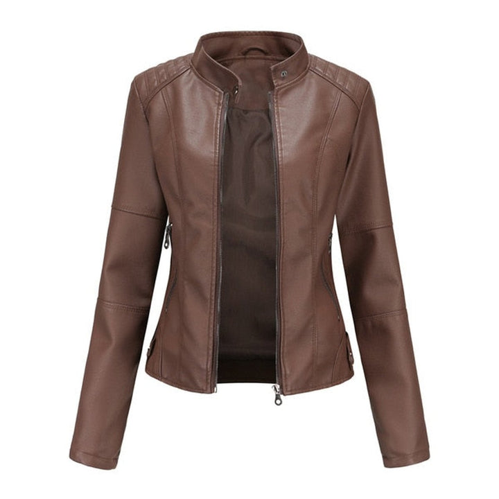 Damen Bikerjacke aus Kunstleder | Kurze taillierte Jacke mit Stehkragen, Frontreißverschluss und dekorativen Reißverschlüssen