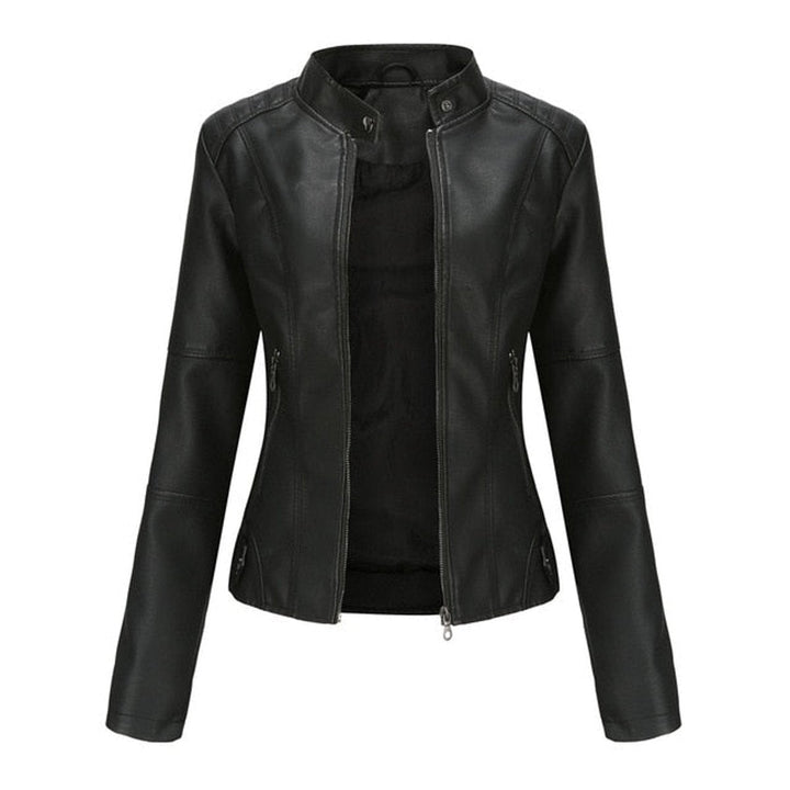 Damen Bikerjacke aus Kunstleder | Kurze taillierte Jacke mit Stehkragen, Frontreißverschluss und dekorativen Reißverschlüssen