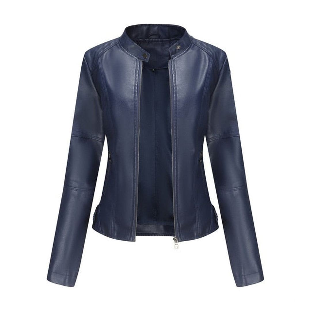 Damen Bikerjacke aus Kunstleder | Kurze taillierte Jacke mit Stehkragen, Frontreißverschluss und dekorativen Reißverschlüssen
