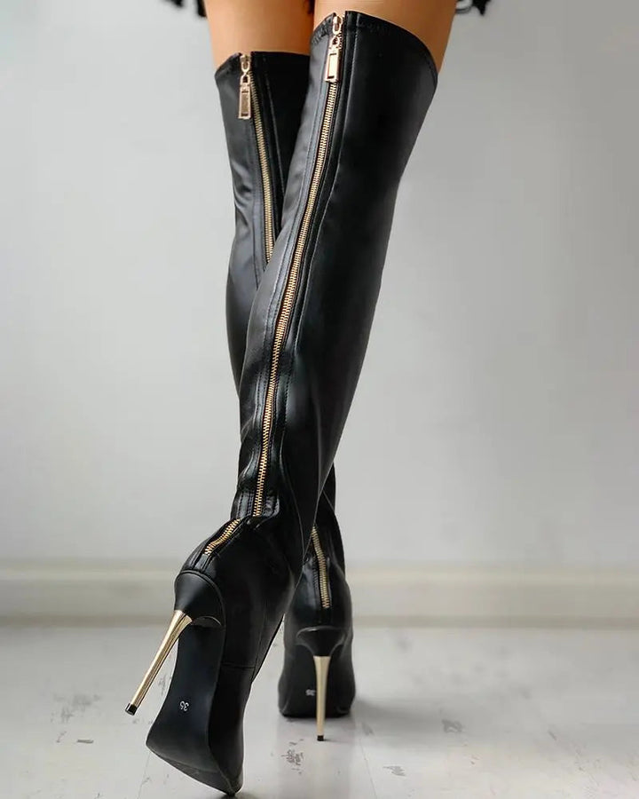 Spitze Overknee Stiefel Damen | Hoher Schaft mit Ziernähten, schmalem Absatz und seitlichem Reißverschluss