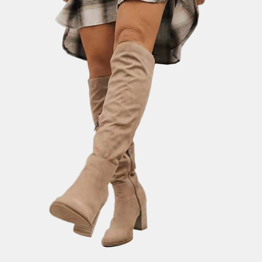 Damen Overknee-Stiefel mit Blockabsatz | Oberschenkelhohe Stiefel mit seitlichem Reißverschluss, gepolsterter Einlegesohle und rutschfester Sohle
