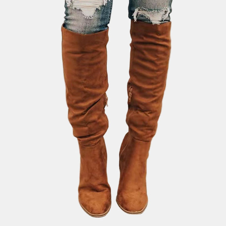 Damen Overknee-Stiefel mit Blockabsatz | Oberschenkelhohe Stiefel mit seitlichem Reißverschluss, gepolsterter Einlegesohle und rutschfester Sohle