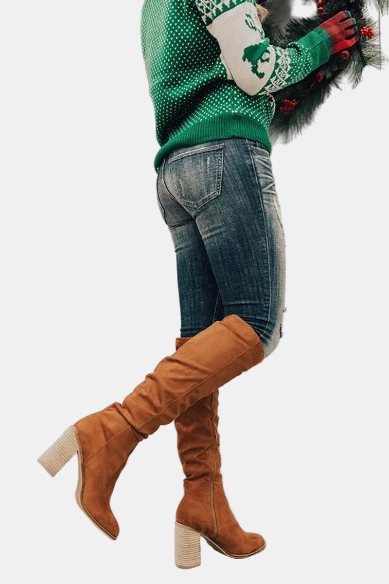 Damen Overknee-Stiefel mit Blockabsatz | Oberschenkelhohe Stiefel mit seitlichem Reißverschluss, gepolsterter Einlegesohle und rutschfester Sohle