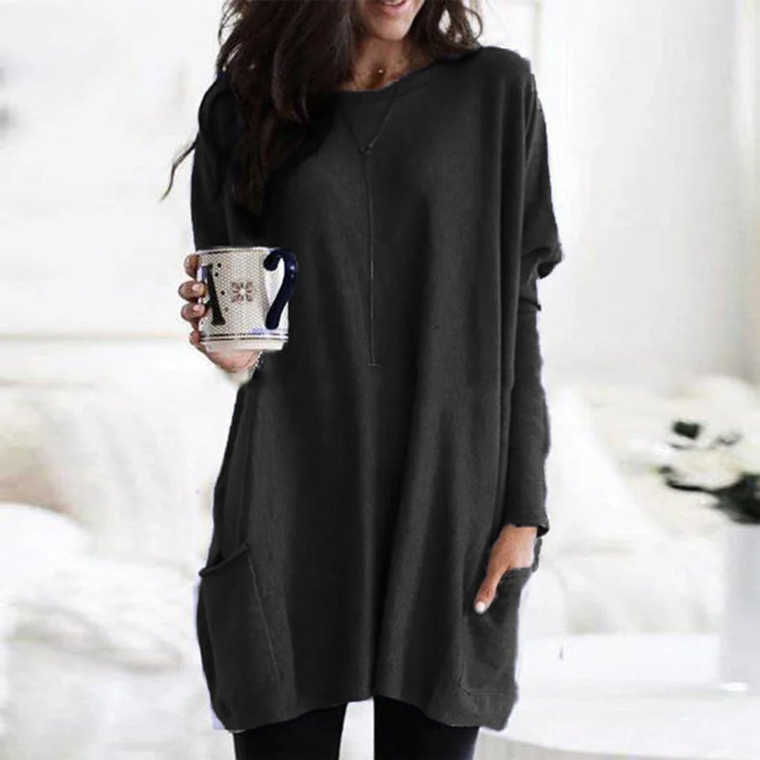 Damen Oversized Tunika-Pullover mit Taschen | Locker geschnittenes Langarm-Oberteil mit Rundhalsausschnitt für Alltag und Freizeit